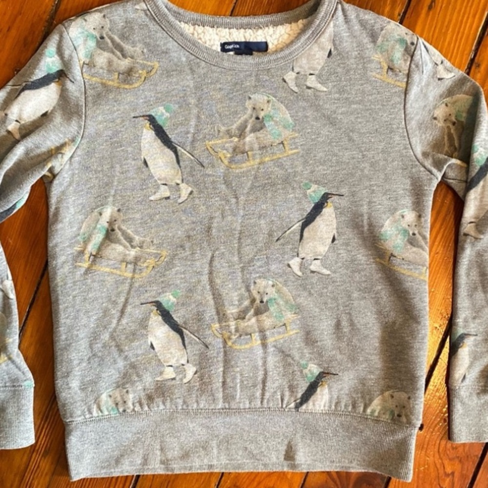 Gap Gray Sherpa Sweatshirt Penguins Polar Bear Grey Size Medium 8